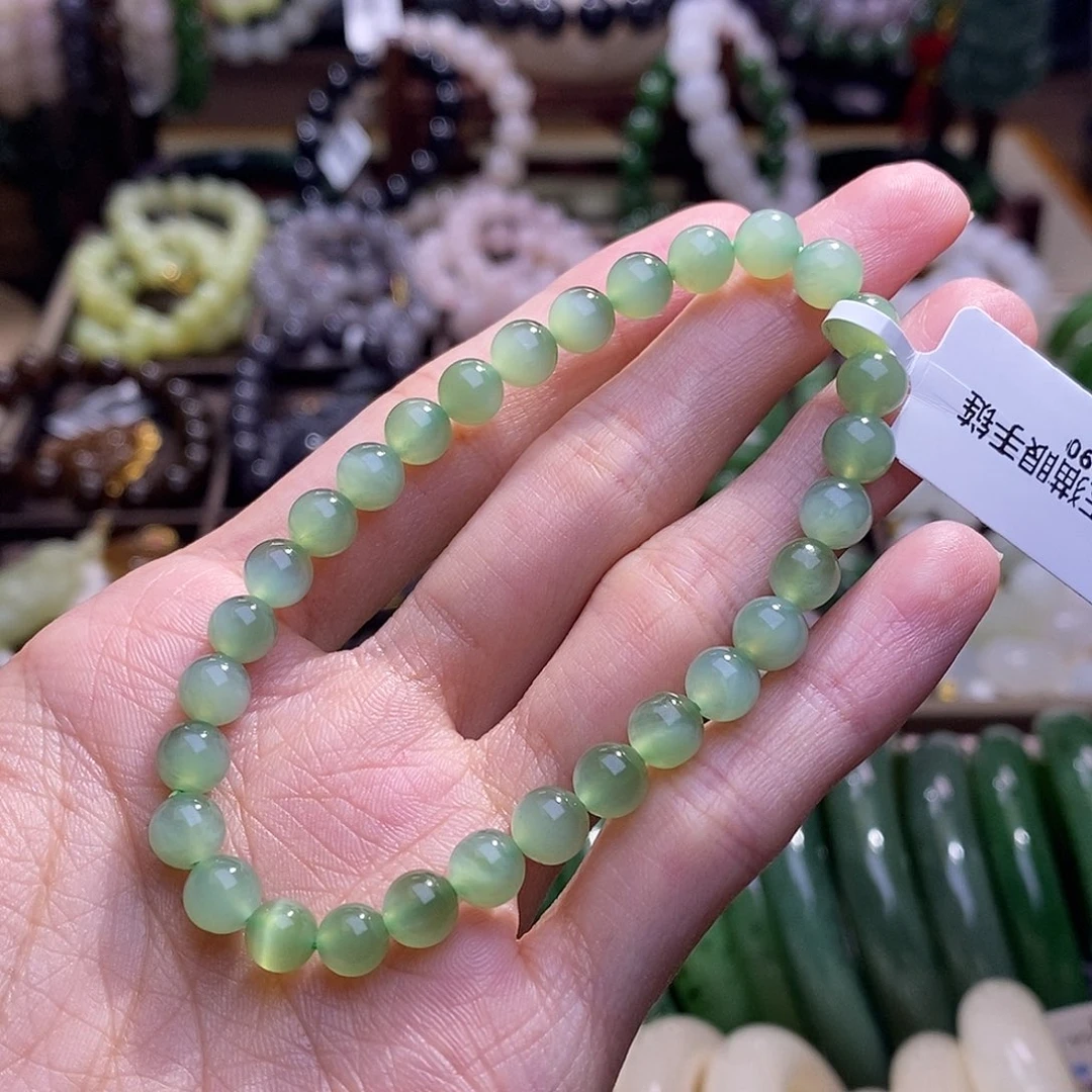 颈饰未镶嵌和田玉碧玉银镶粉青猫眼手串6MM