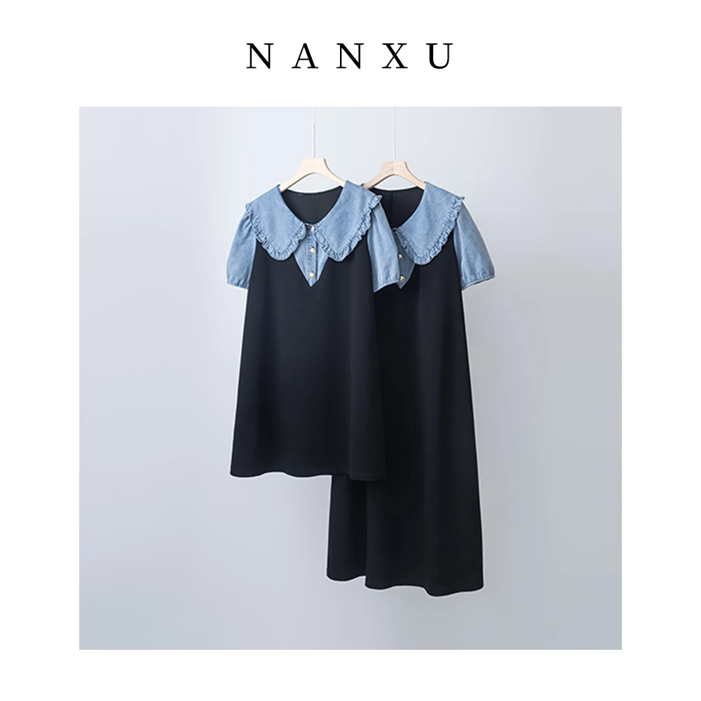 楠序微胖女装 出游服装女牛仔娃娃领假两件海边度假连衣裙YZ36273