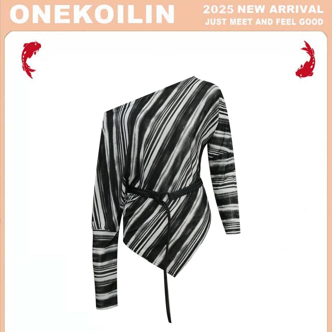 OneKoilin“斑马日记”不规则撞色条纹显瘦上衣➕腰带 BMRJ