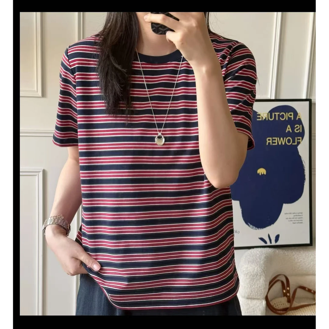 慵懒风圆领撞色条纹短袖T恤女时尚百搭休闲宽松显瘦上衣25056