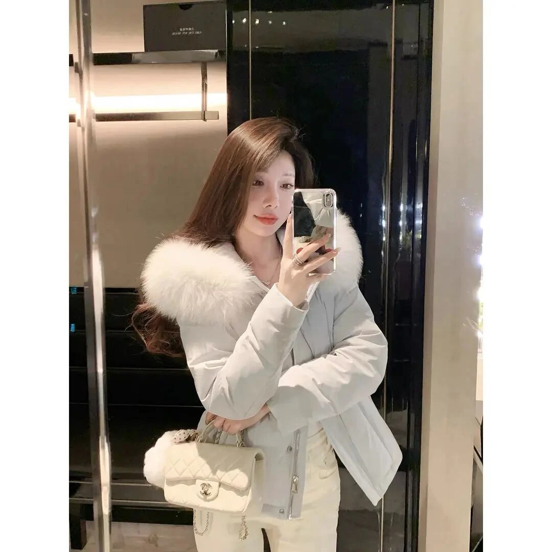 2025新款冬装毛领淡蓝棉服女外套高级感显瘦收腰设计感小个子棉服