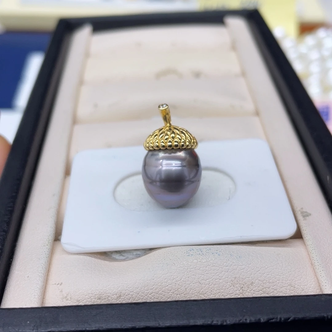 颈饰海水珍珠银S925镶嵌香芋紫螺纹松果吊坠13.2mm