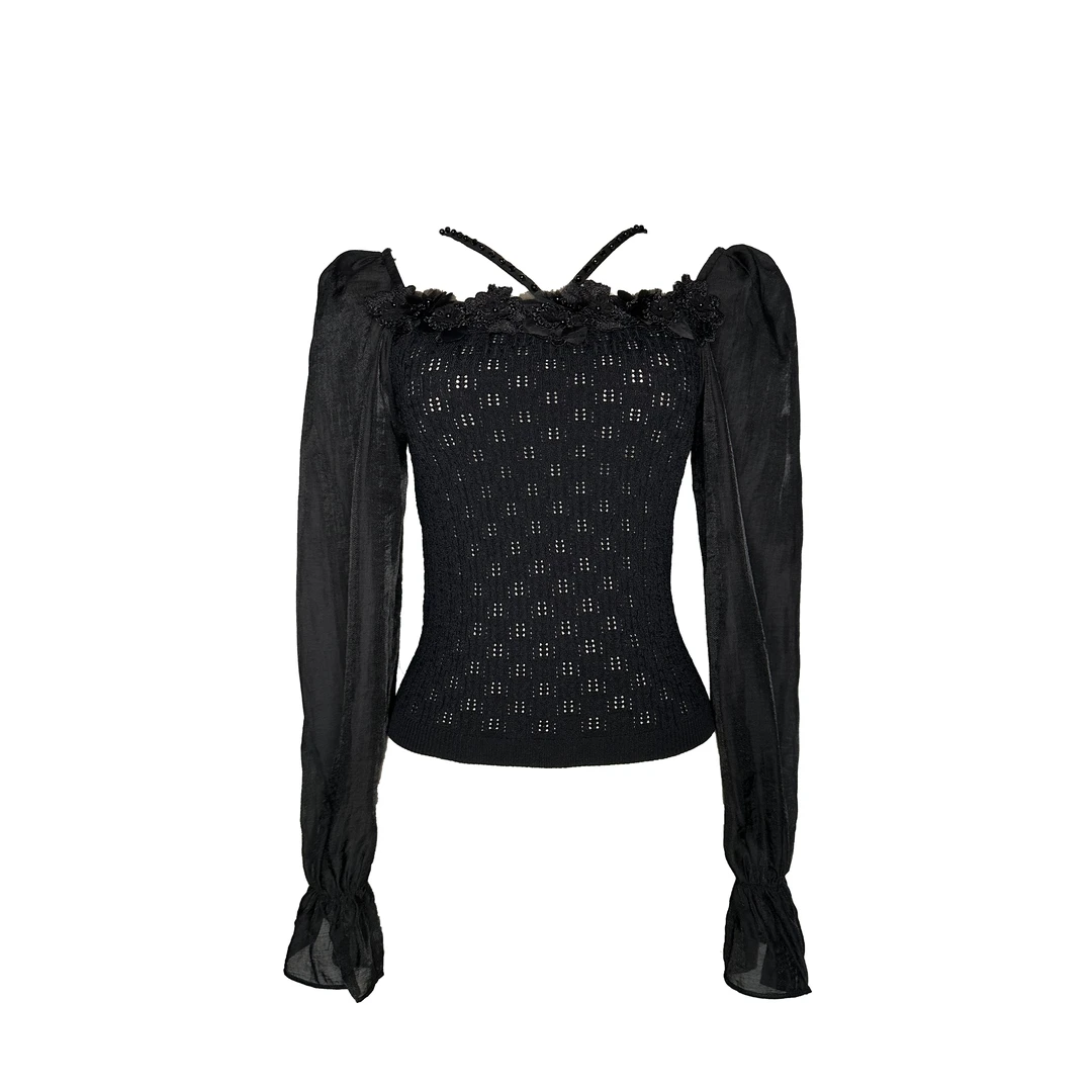 设计师曈时尚长袖黑色镂空打底上衣   X1858