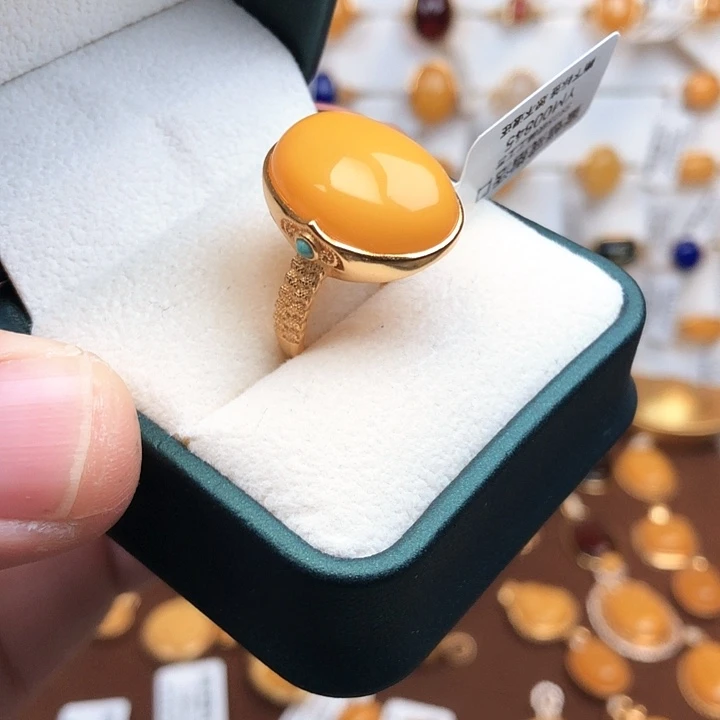 蜜蜡银S925镀金镶嵌戒指