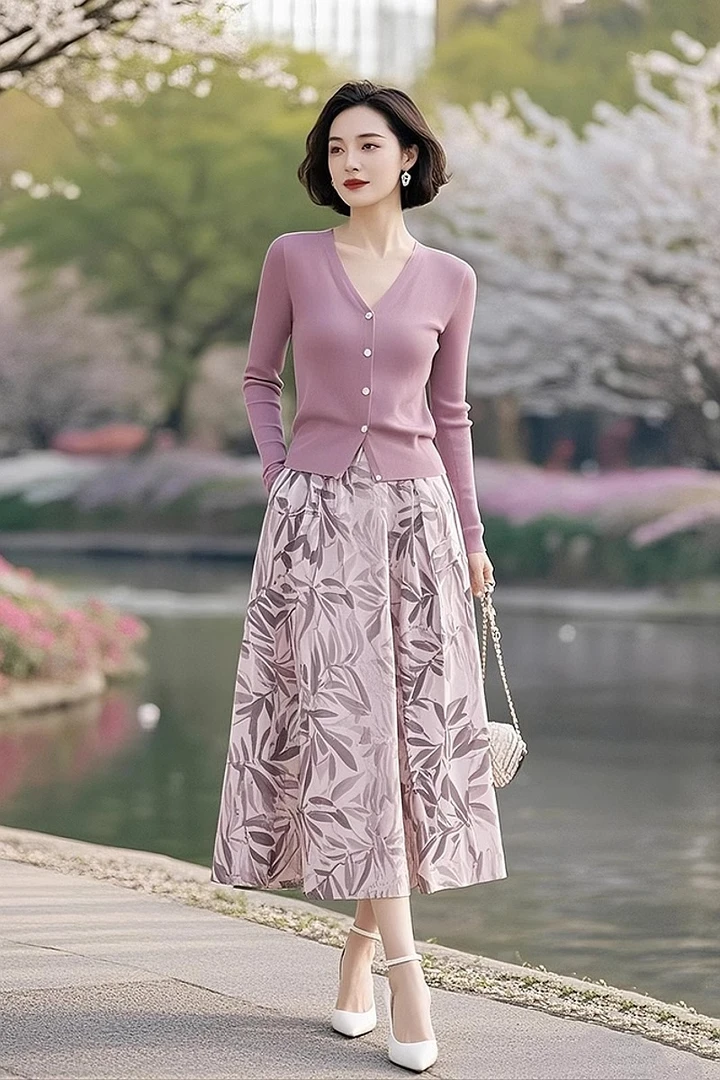 [工厂直销套装]春夏款漂亮独特气质针织开衫碎花半身裙99382+Q214