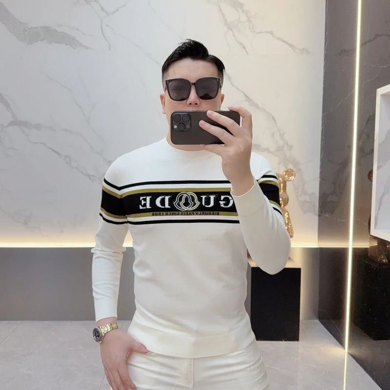 设计师款.高定奢品男士圆领字母烫钻针织衫修身毛衣2025秋季新款