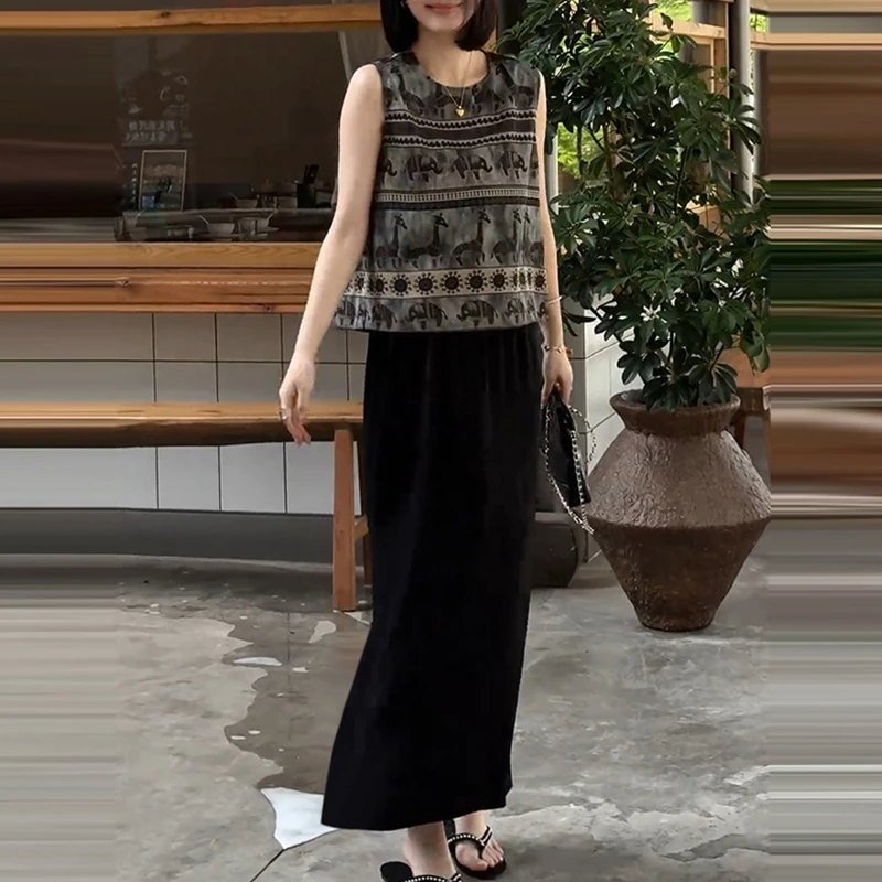 轻熟风高级感时尚套装女夏季新款印花背心上衣高腰半身裙两件套潮