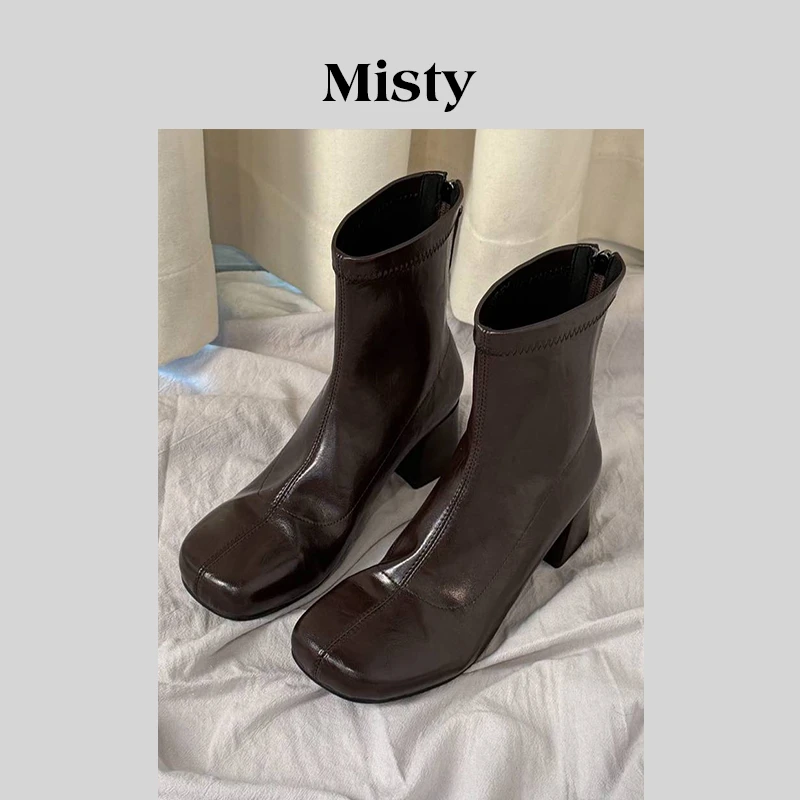 Misty雾屿女鞋|34-40|5.5cm|2025新款百搭真皮粗跟弹力瘦瘦短靴