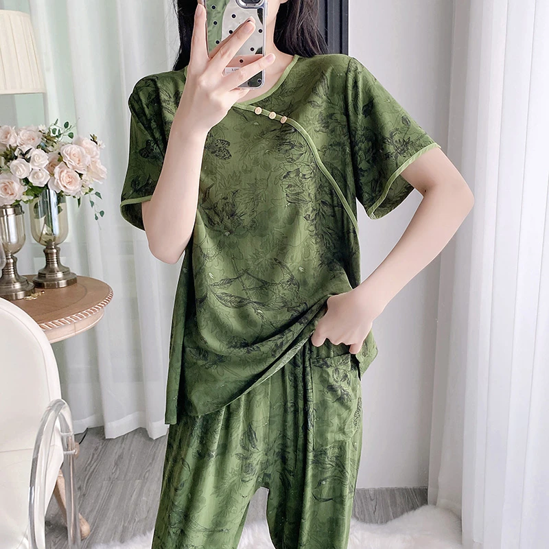 国风睡衣女夏绵绸印花两件套装长袖长裤人造棉新中式家居服 F3178