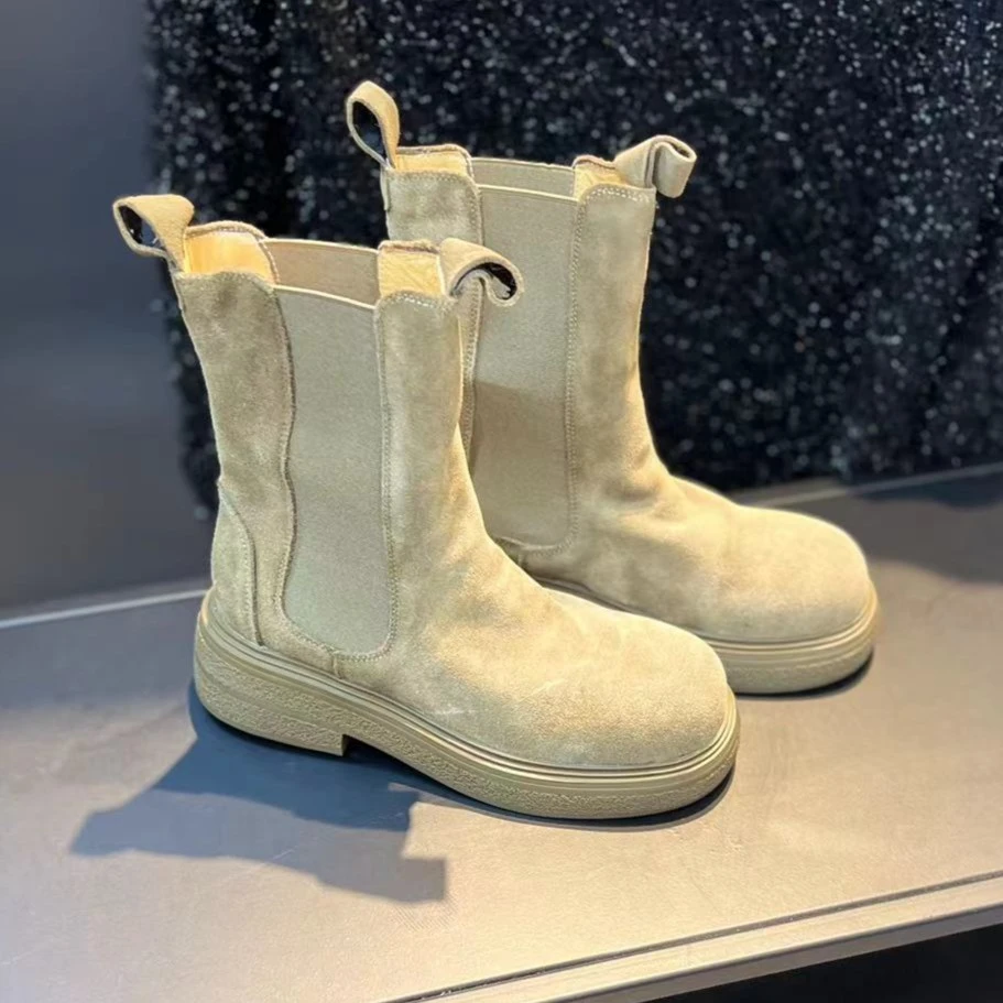 时尚百搭黑色厚底加绒秋季烟筒切尔西靴秋冬弹力圆头丝光牛绒短靴