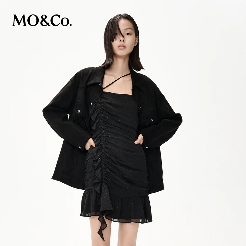 【达人专属】MOCO波西米亚流苏光泽感深邃黑宽松中性外套MBC4COT026