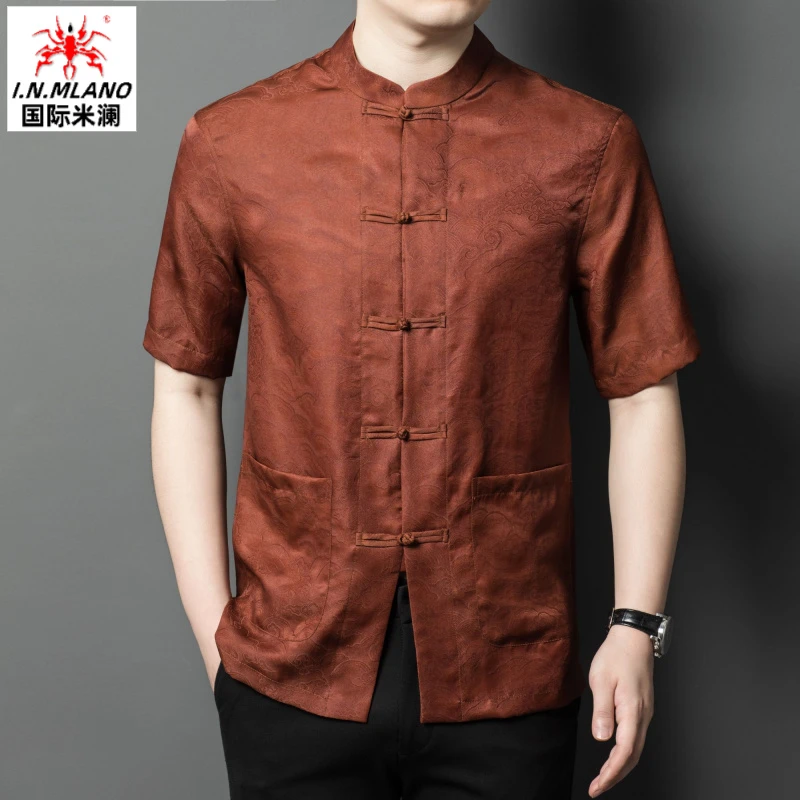 100%桑蚕丝衬衫立领真丝香云纱短袖唐装上衣中国风休闲中年男装潮