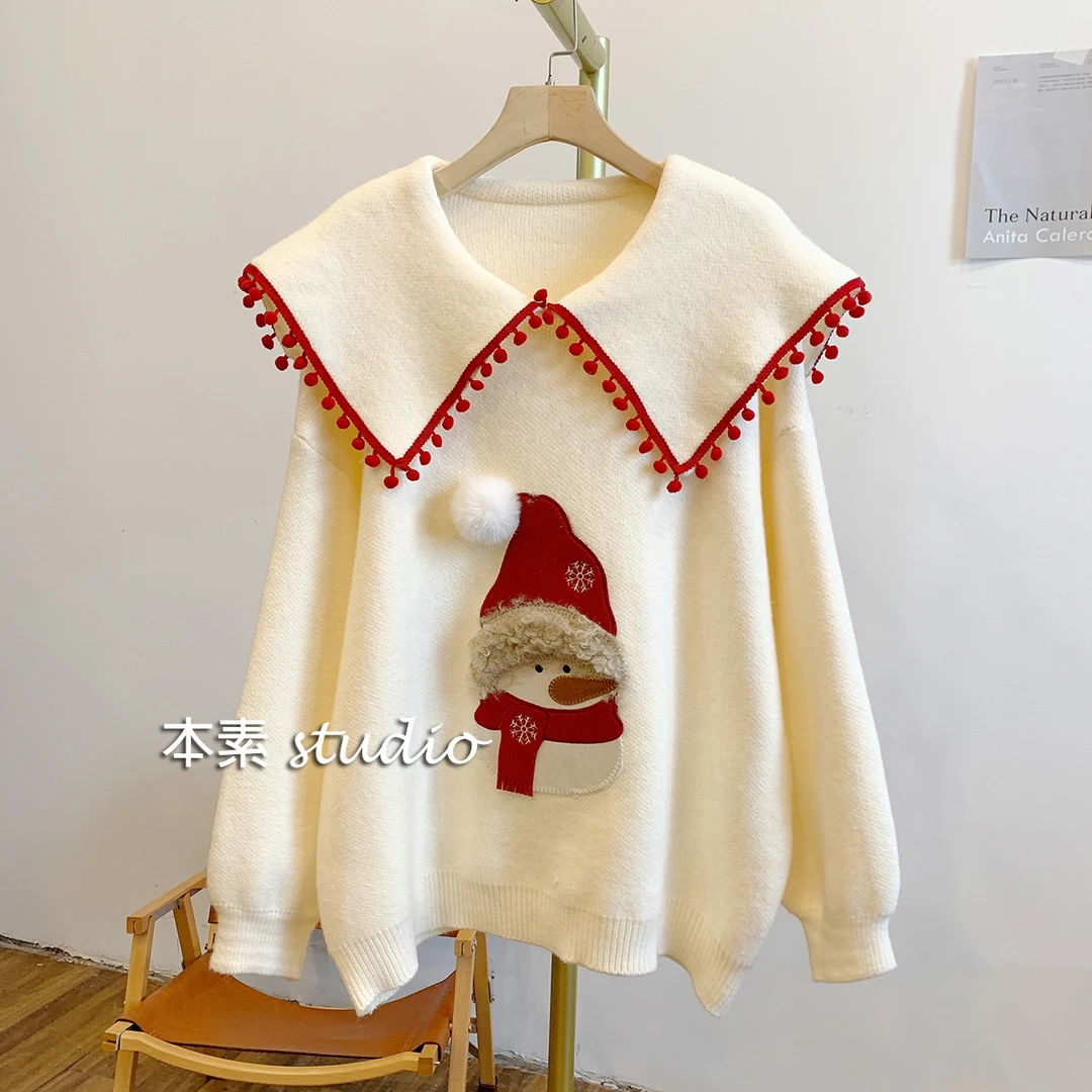 小雪人C2985小雪人贴布毛球娃娃领针织毛衣