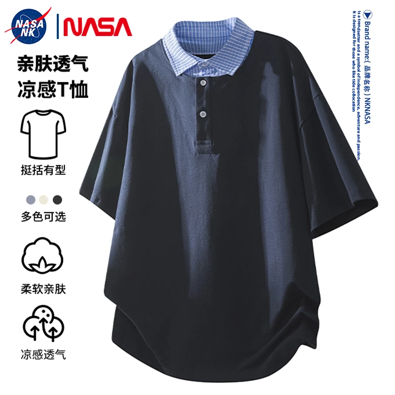 NASA联名翻领假两件短袖t恤男士polo衫美式复古休闲格纹潮流半袖