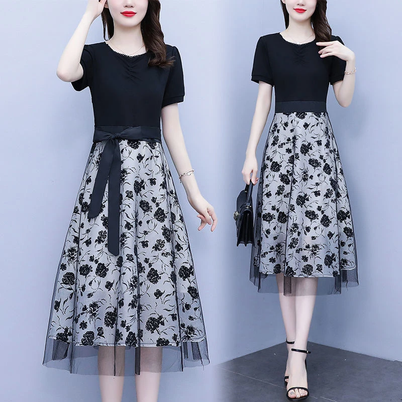 假两件拼接蕾丝A字裙2025韩版夏季新款短袖气质收腰连衣裙