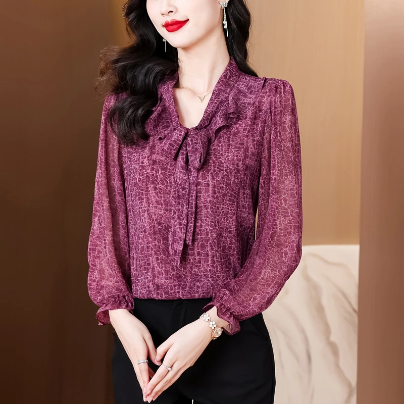 蝴蝶结长袖雪纺衫女2025春夏新款大码洋气小衫百搭时尚衬衫上衣