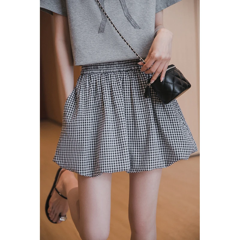 小谷粒格子花苞裙女小个子2025年夏季新款流行宽松高腰半身超短裙