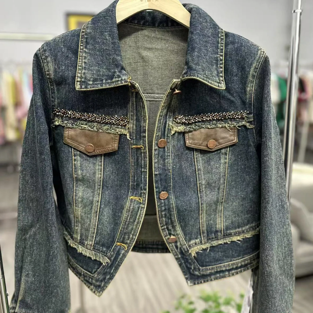 8818-1西西实拍图手工钉珠长袖短外套女2025年春新款设计感软牛仔