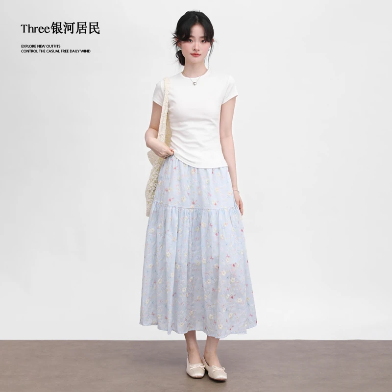 Three银河居民 高腰显瘦碎花裙女2025夏印花半身裙中长款a字裙