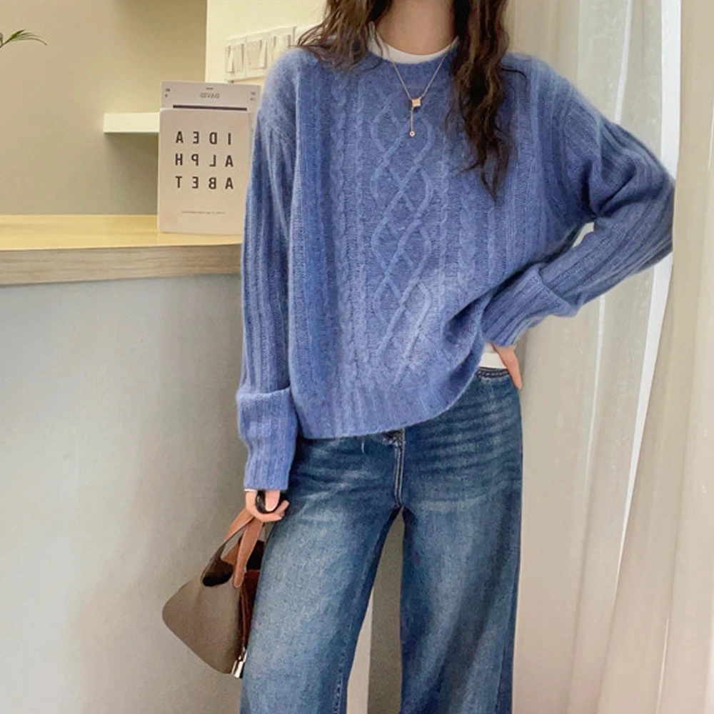 秋冬新款圆领套头宽松长袖麻花纹洋气休闲针织衫保暖百搭显瘦毛衣