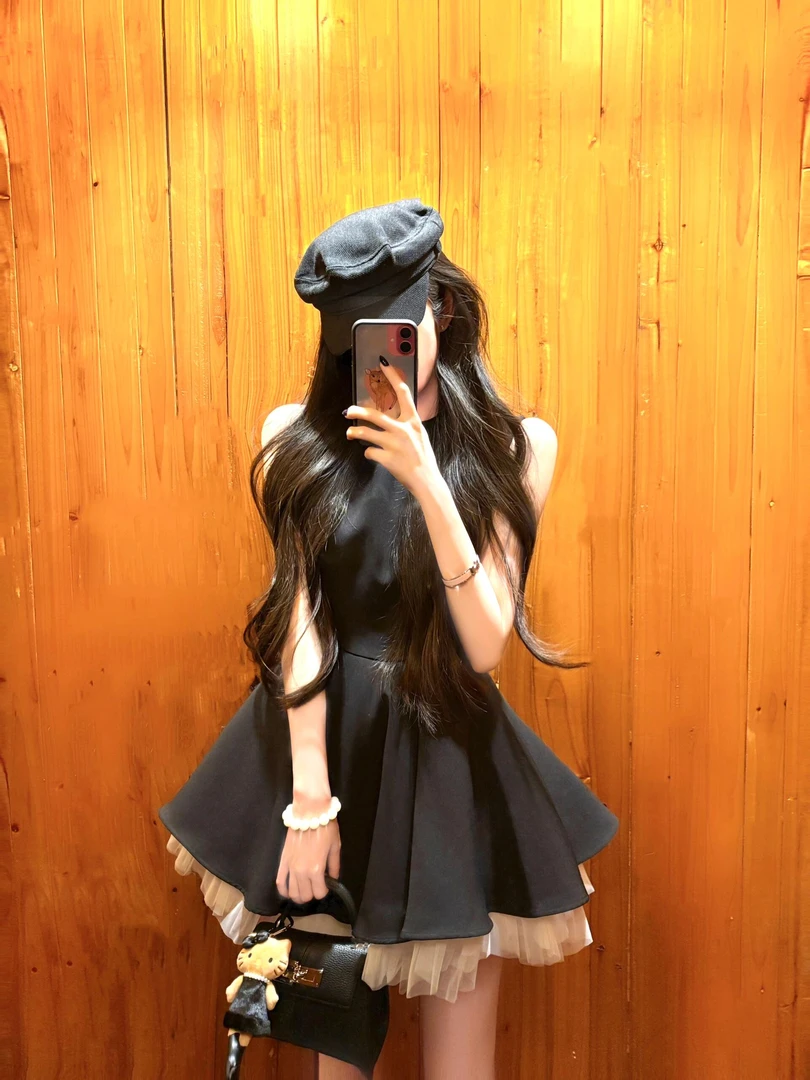 高级感撞色网纱拼接无袖法式赫本连衣裙气质收腰显瘦蓬蓬裙芭蕾裙