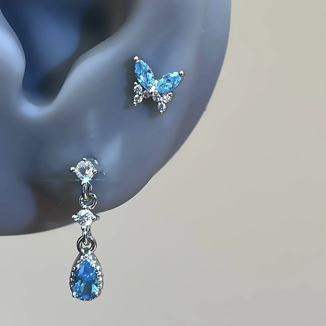 钛钢合成锆石耳饰 蓝色系水滴蝴蝶耳骨钉多耳洞精致时尚百搭C003