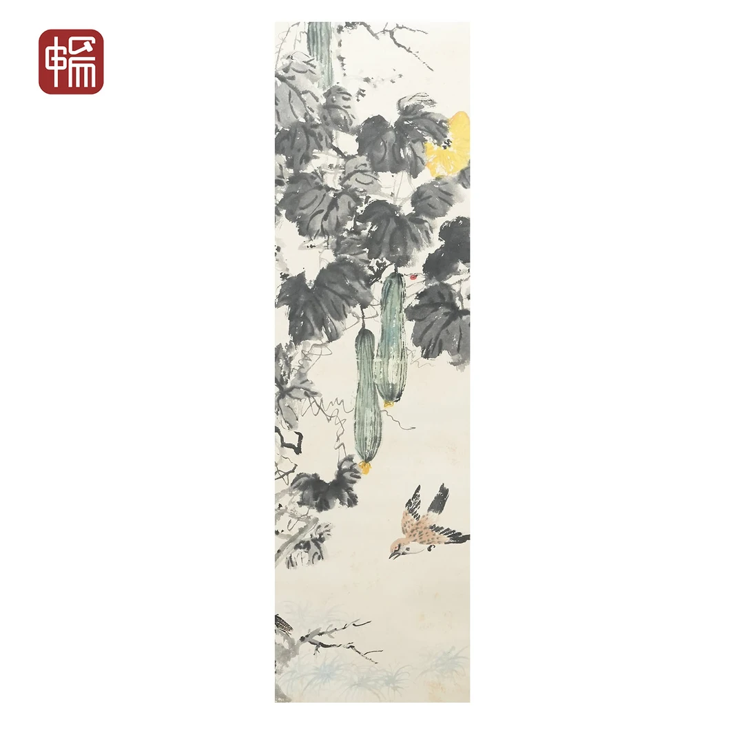 T637 近现代《丝瓜禾雀 》唐侠尘104*33(3.09平尺) 纸本立轴 FL