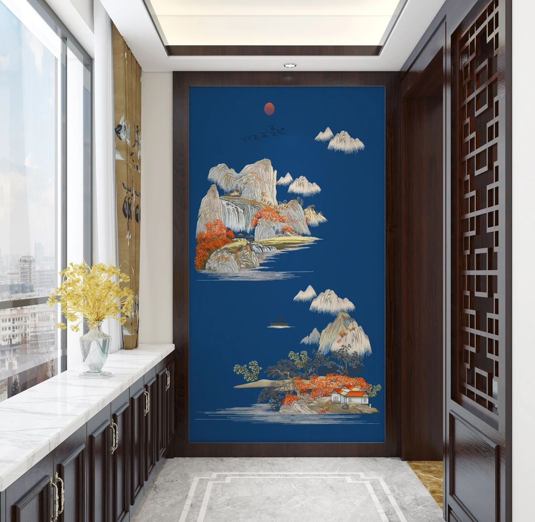 江南云峰高端新中式玄关独绣墙布刺绣国潮