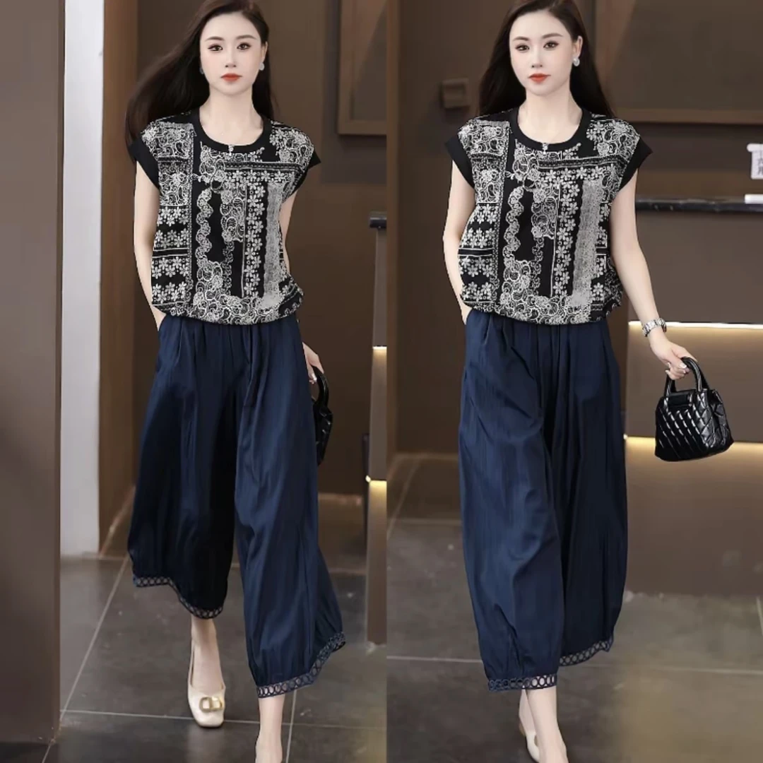 夏季新款时尚百搭宽松休闲套装圆领半袖花边阔腿裤透气妈妈两件套