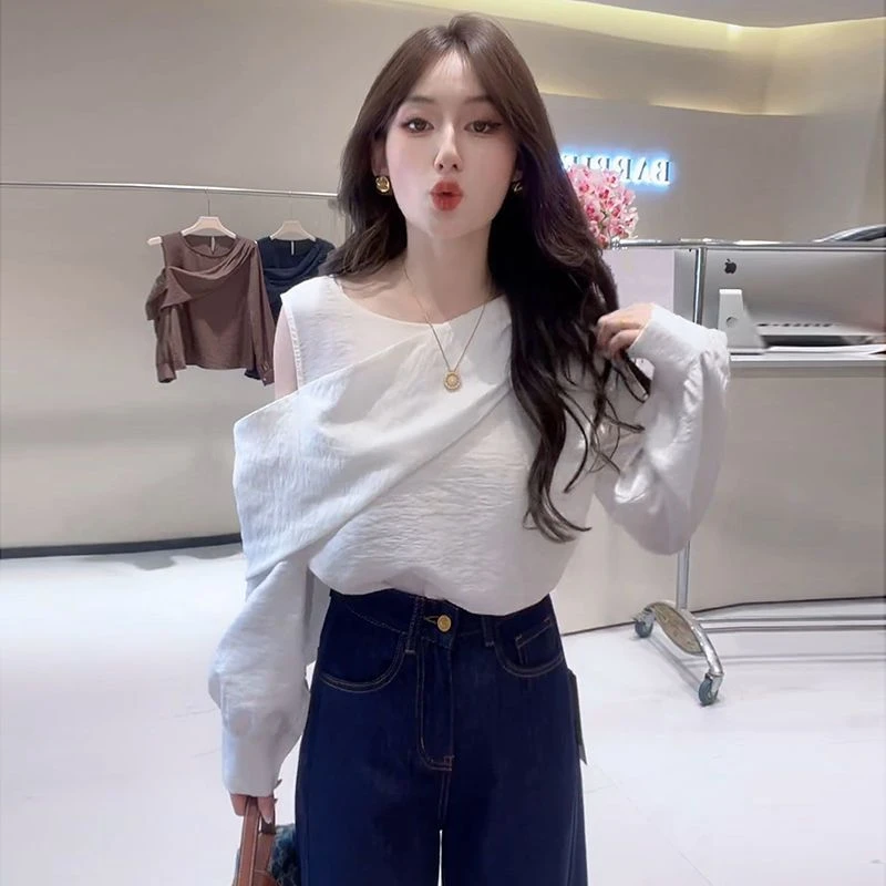 不规则白色露肩长袖衬衫早秋女装2025新款轻奢高级独特别致小上衣