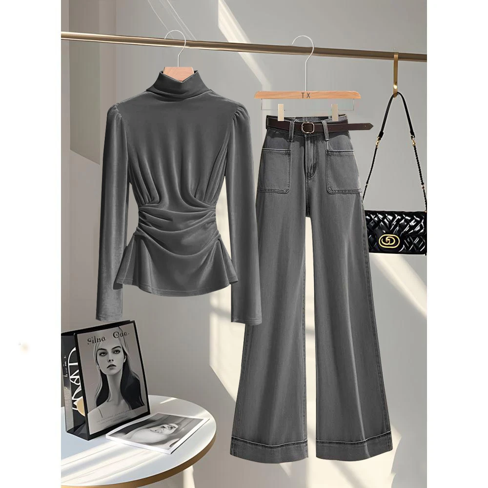 秋季时尚套装新款法式小香风丝绒上衣高级感灰色气质高腰休闲裤女