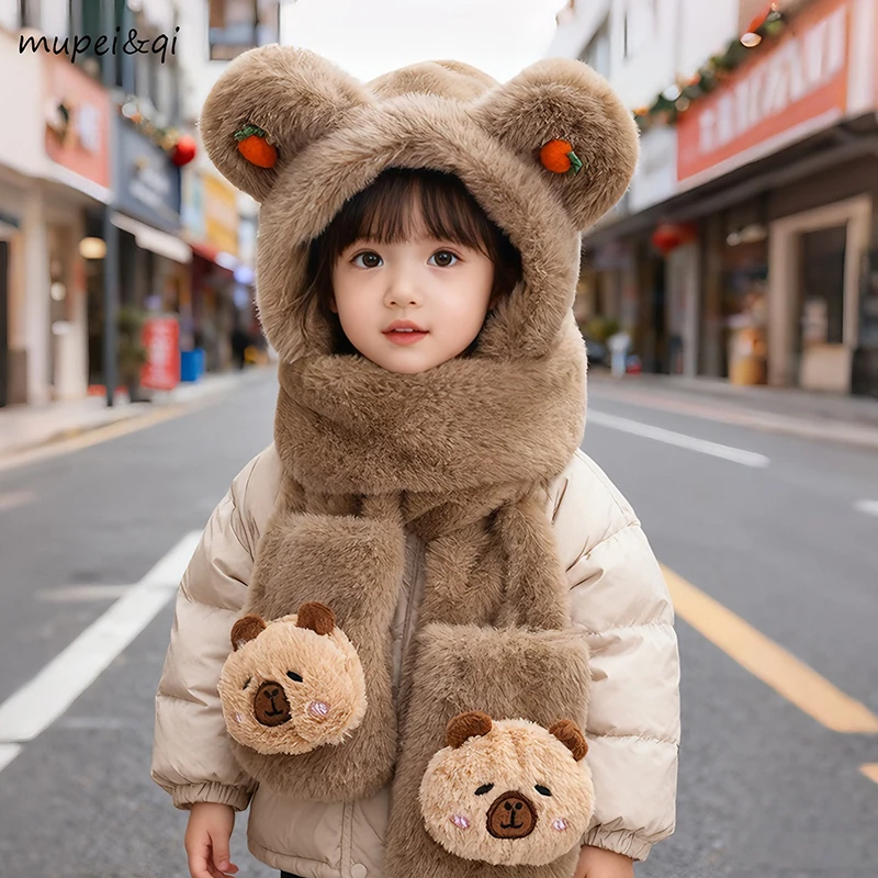 儿童冬季保暖一体帽可爱小熊毛绒帽子围巾手套三件套防风保暖帽子
