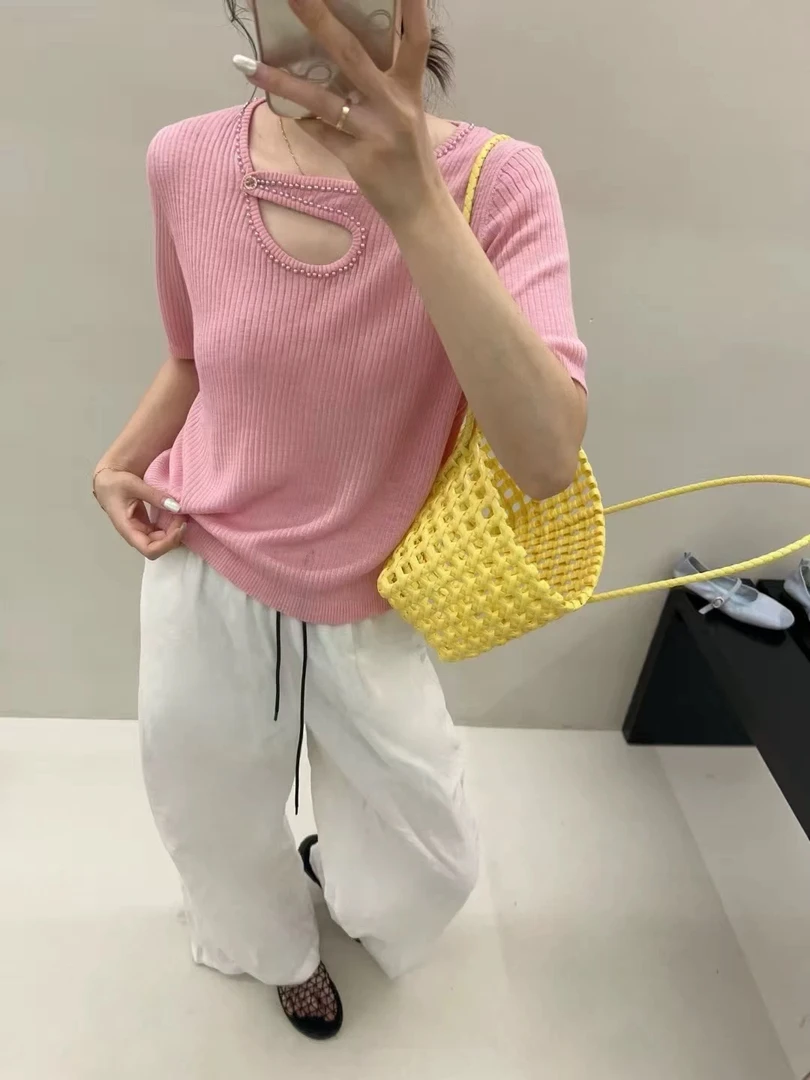 新款钉珠镂空竹节麻针织衫1082