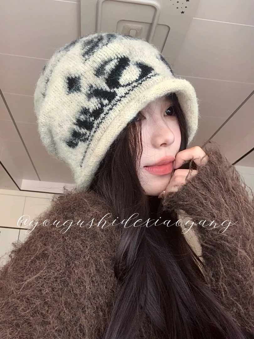 韩系博主感堆堆帽女秋冬字母针织帽大头围显脸小百搭帽子氛围感帽