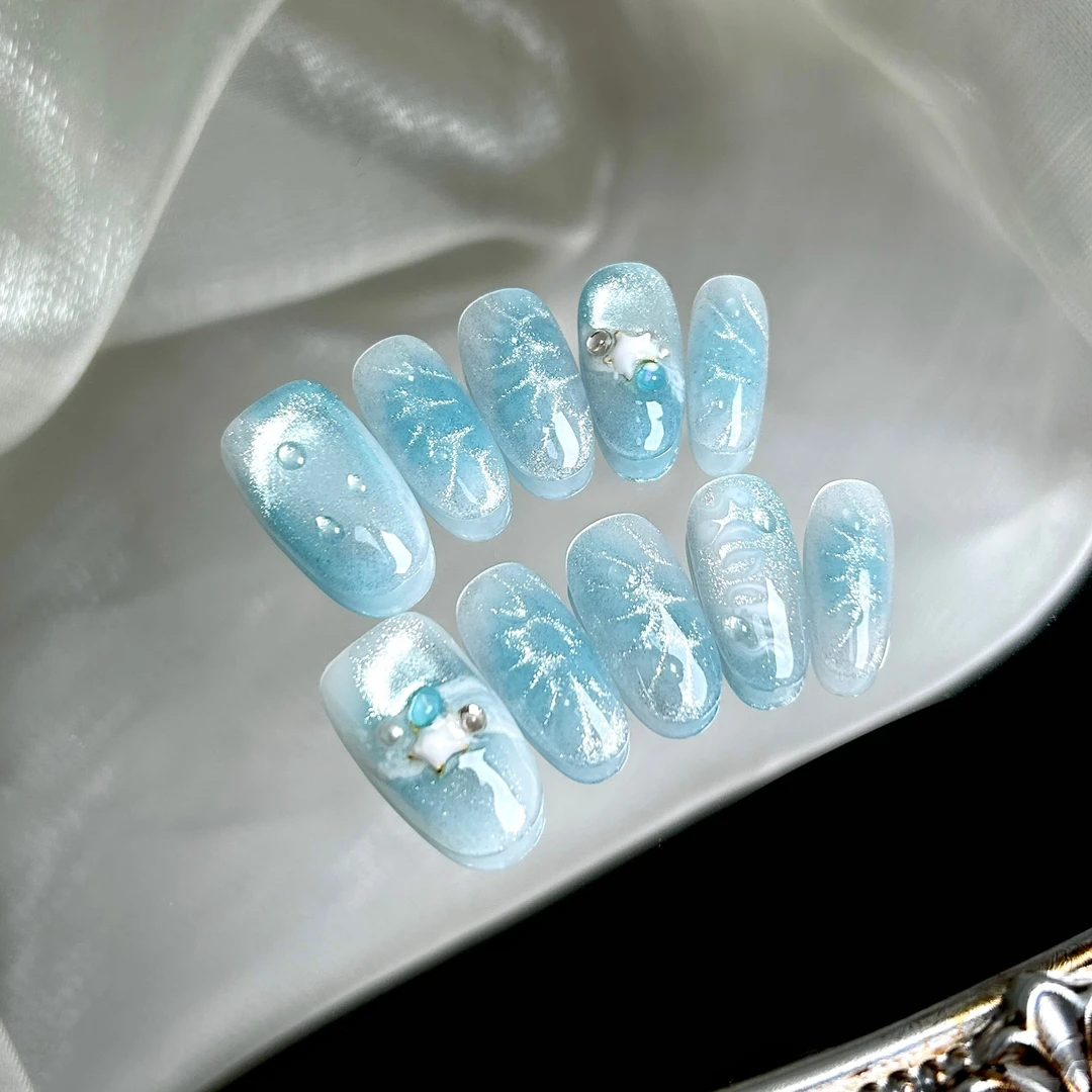 【海之言】蓝珊手工穿戴甲海洋蓝透色晕染水光麟立体水珠春夏ins风