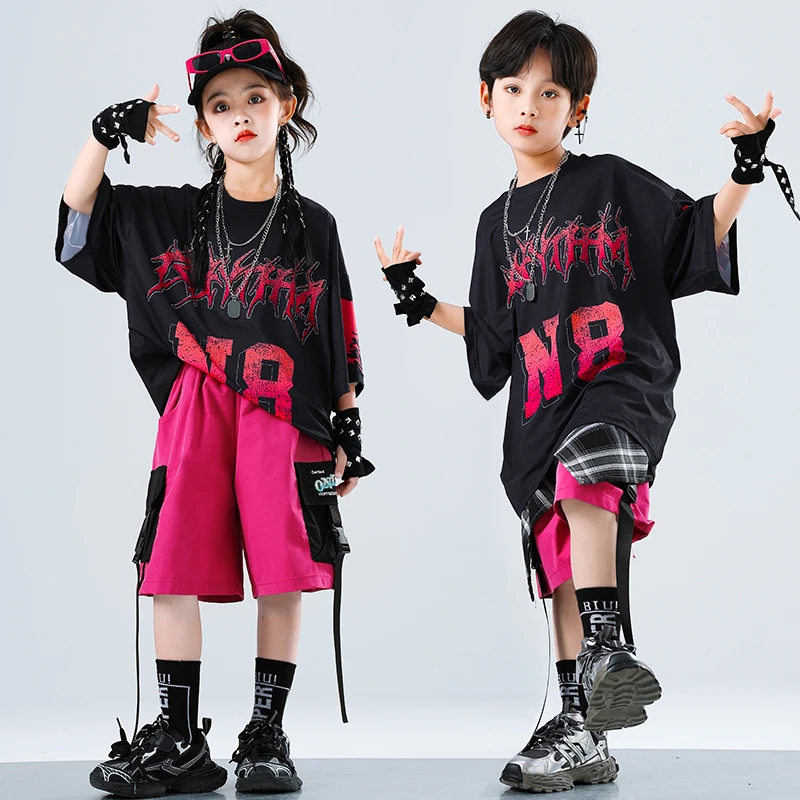 儿童潮酷嘻哈街舞表演服女童男童夏季宽松国潮演出服爵士舞hiphop