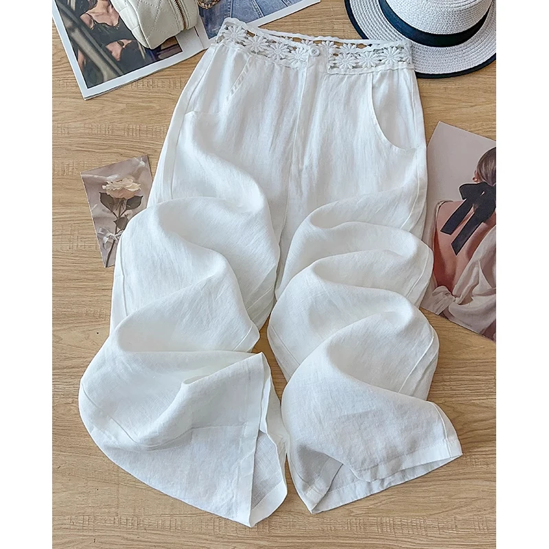 拉夏贝尔亚麻直筒裤女2025夏季薄款蕾丝花边拼接爆款休闲阔腿裤子