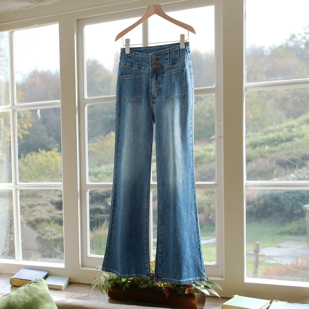 夏季新款三粒扣洋气牛仔裤女高腰显高显瘦微弹力微喇裤子9588