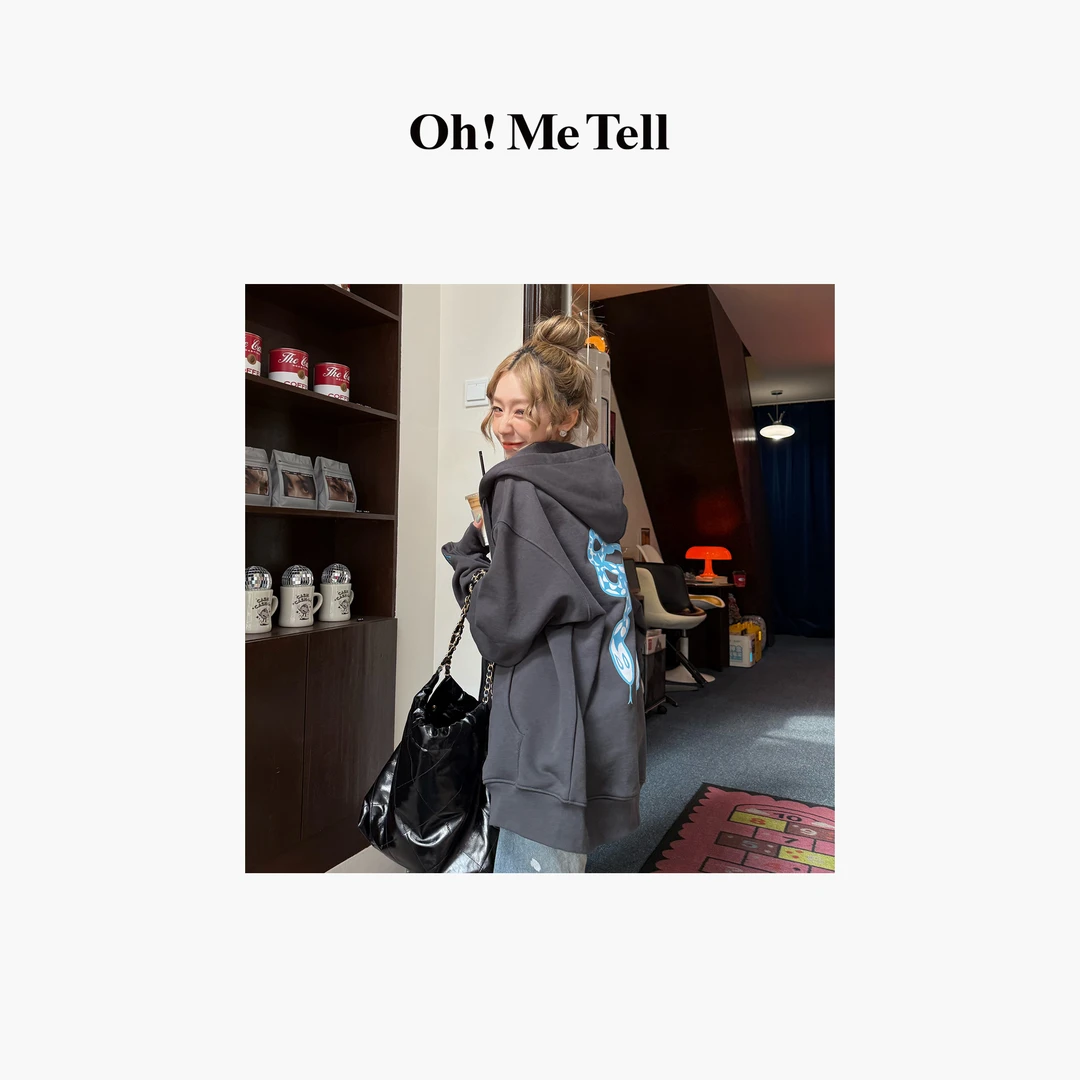 Oh！Me Tell【蛇年限定YY同款】蝴蝶结小蛇印花宽松连帽拉链卫衣外套
