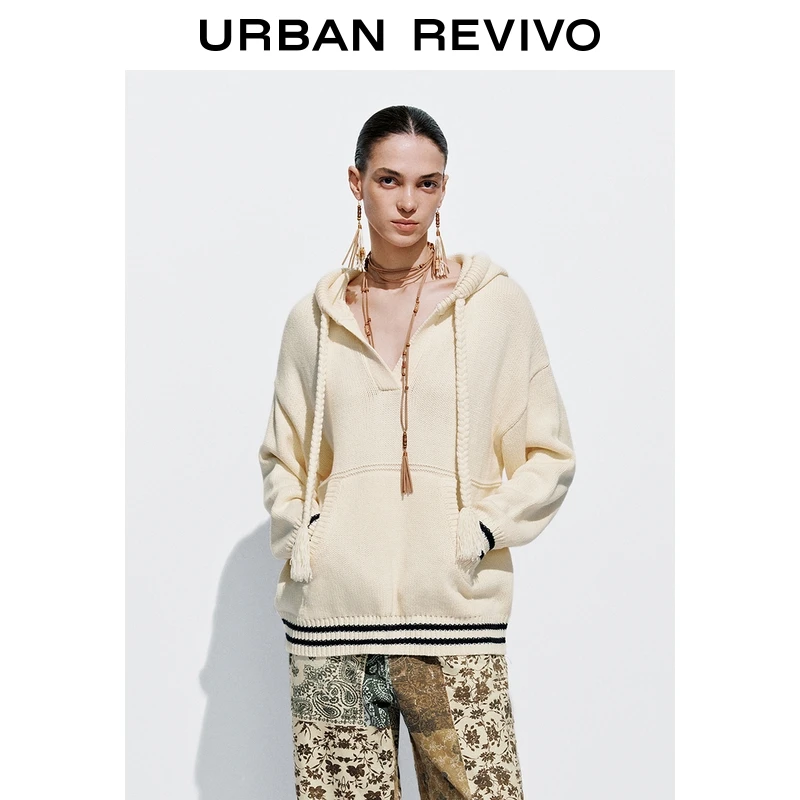 UR2025秋季新款女装流光风撞色流苏抽绳连帽针织衫UYL950202+