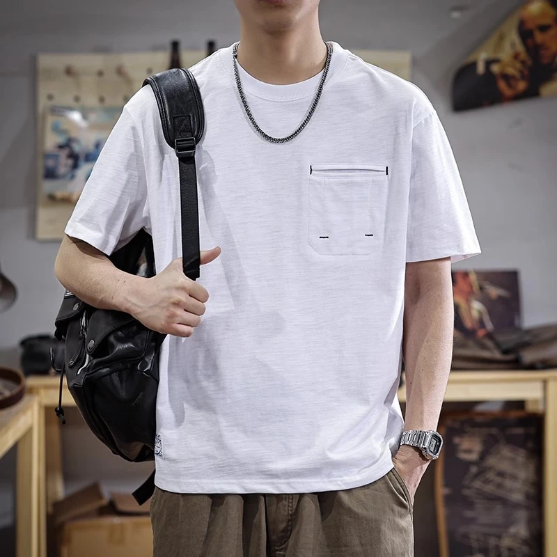 MR.MUDI/穆迪先生美式复古肌理感竹节棉短袖t恤男夏新款重磅圆领