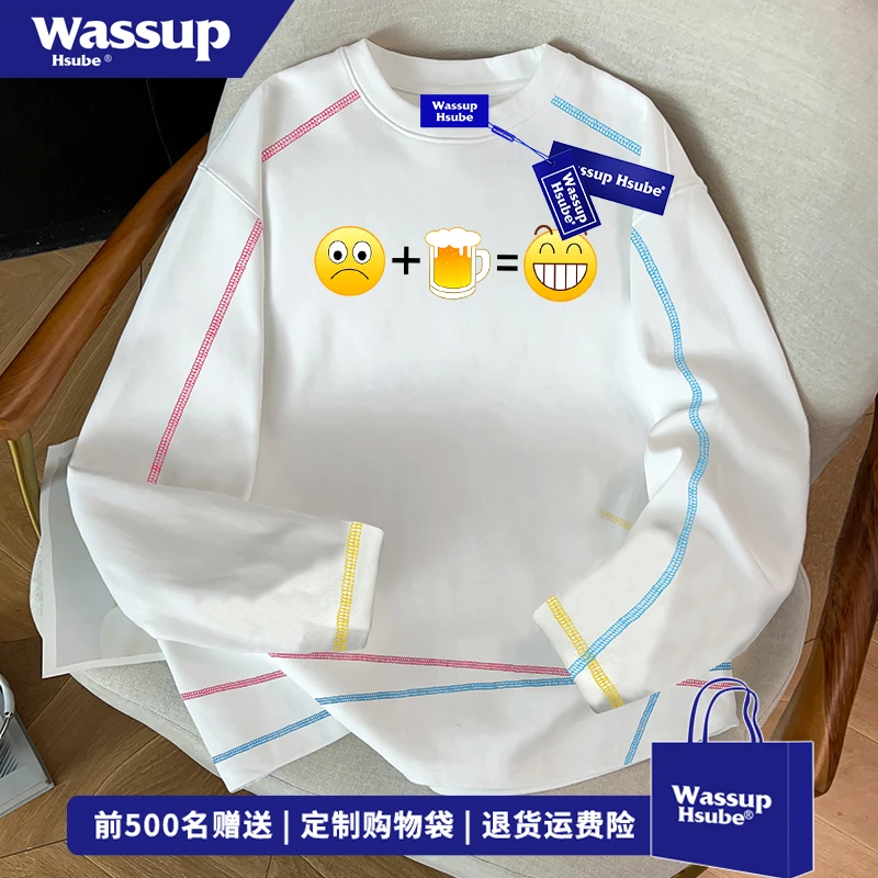 WASSUP HSUBE潮牌创意表情印花打底上衣男秋季街头风纯棉长袖T恤