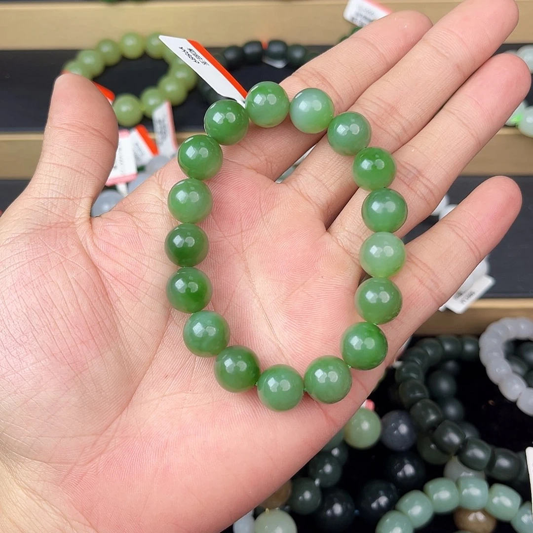 和田玉手串未镶嵌纯天然俄罗斯碧玉鸭蛋青粉青12mm