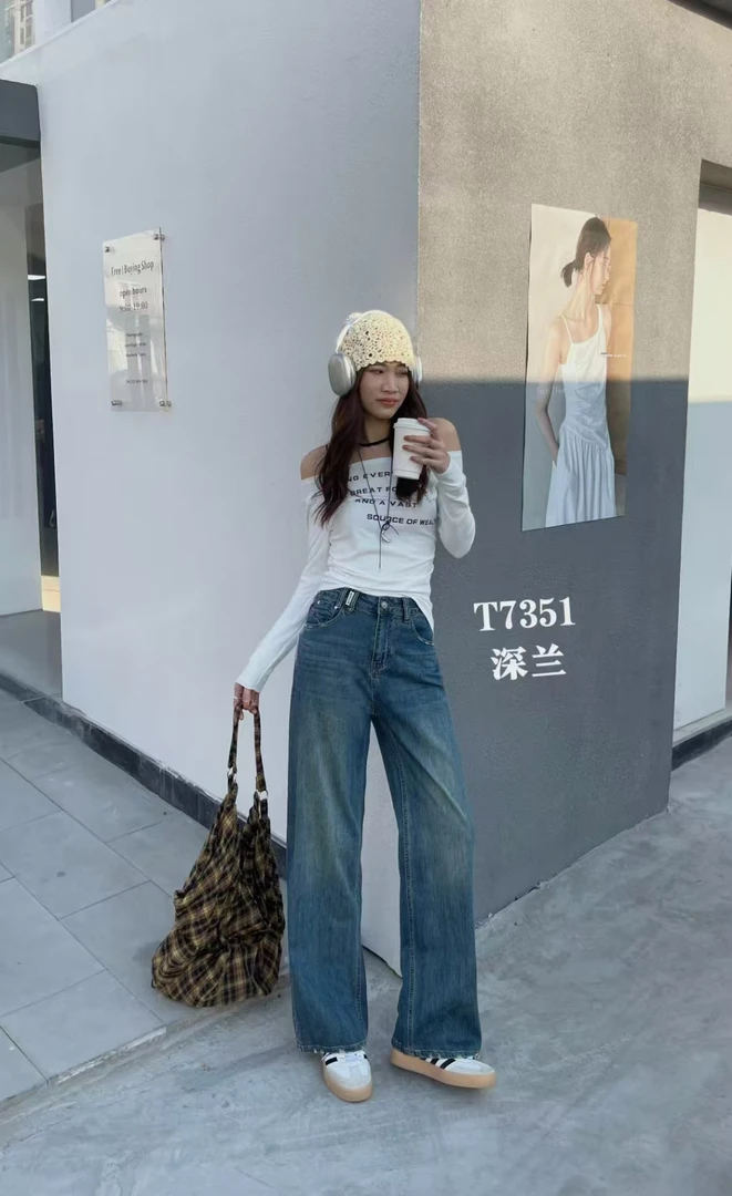 雪琴小屋小标志窄版牛仔阔腿裤7351