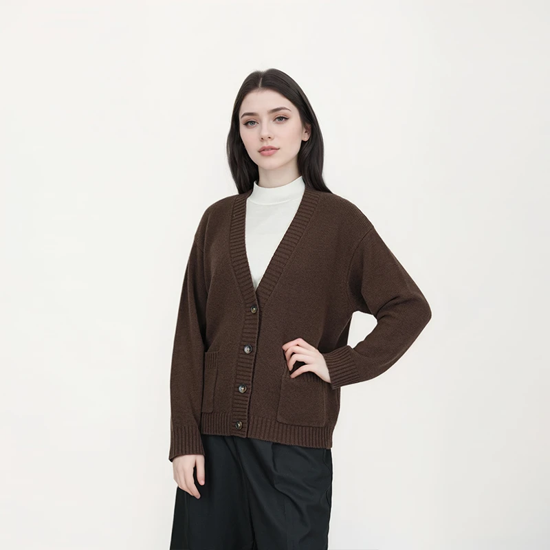 秋冬厚款100%绵羊毛针织开衫女士大V领羊毛衫TN5751