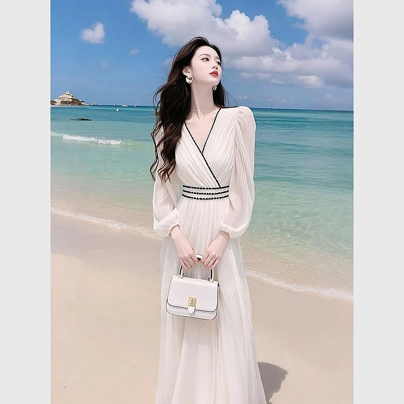 感法式收腰白色长袖雪纺连衣裙女春针织毛衣新款超仙女气质长裙子