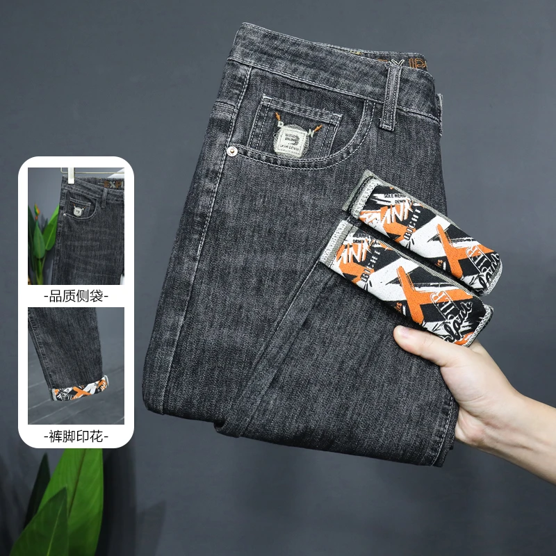 牛仔裤男士夏季修身直筒长裤子2025薄款潮牌刺绣印花弹力牛仔长裤