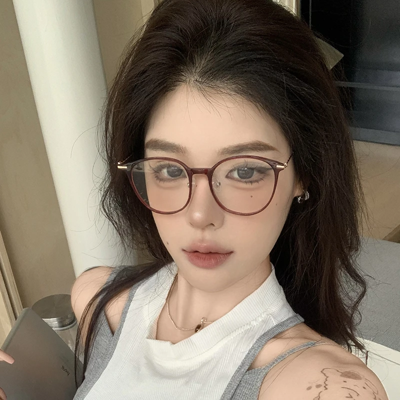 2025新款超轻红色圆框眼镜女潮素颜显脸小高级感防蓝光镜可配度数