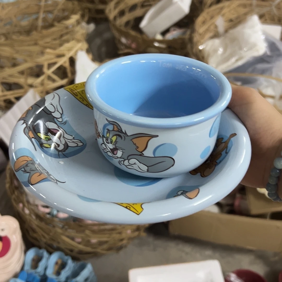 搪瓷正品猫和老鼠米饭碗加盘子