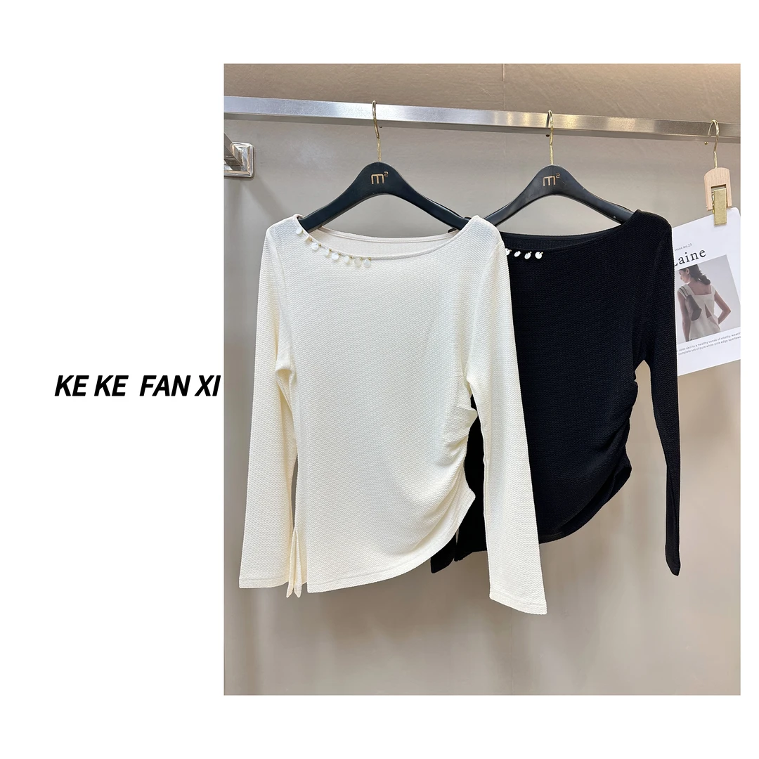 25838贝壳扣一字领下摆不规则长袖T百搭显瘦气质时尚修身